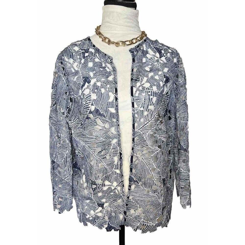 Chico's NWT Jacket Deep Tropic Size XS Open Front Blazer Navy 3/4 Sleeve